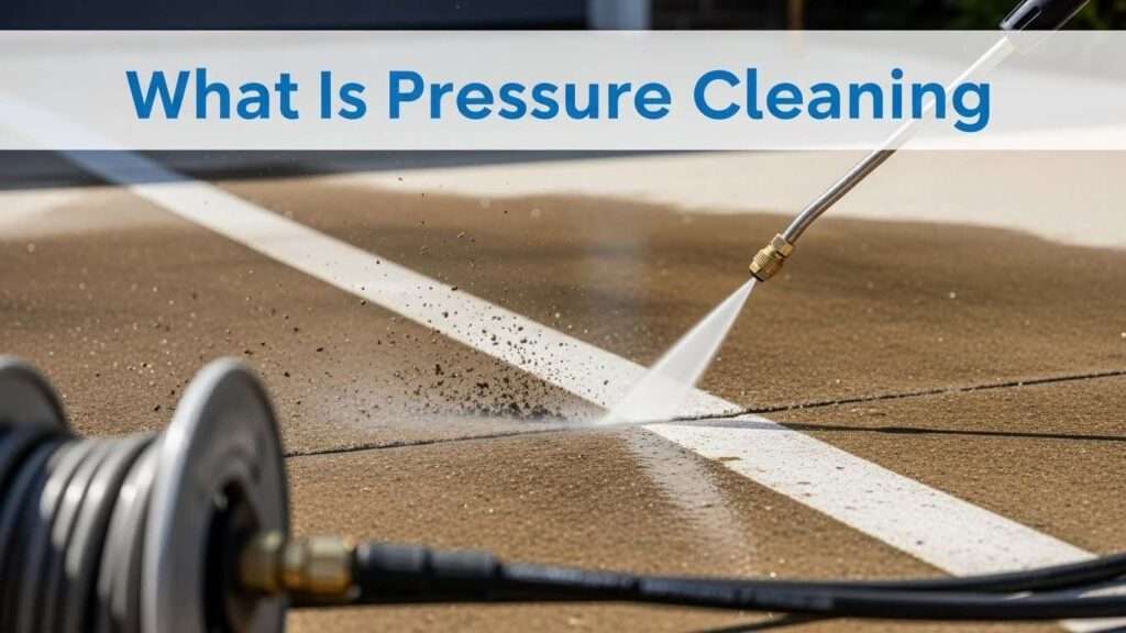Professional blog thumbnail illustrating the basics of pressure cleaning, featuring a close-up of a machine spraying high-pressure water on a dirty concrete surface, with dirt particles dislodging and a clean streak appearing for easy visual understanding.