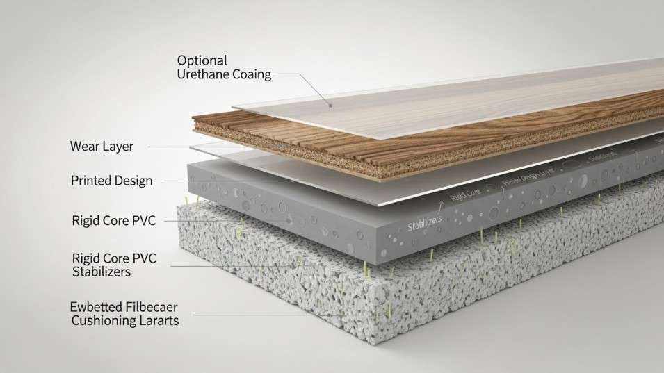 Diagram showing vinyl flooring layers from base to top wear layer
