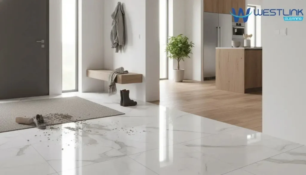 Stylish flooring shown in the wrong room condition compared with a more practical flooring choice.