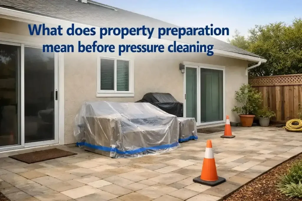 Residential exterior prepared for pressure cleaning with clear access paths, protected delicate areas, and secured openings