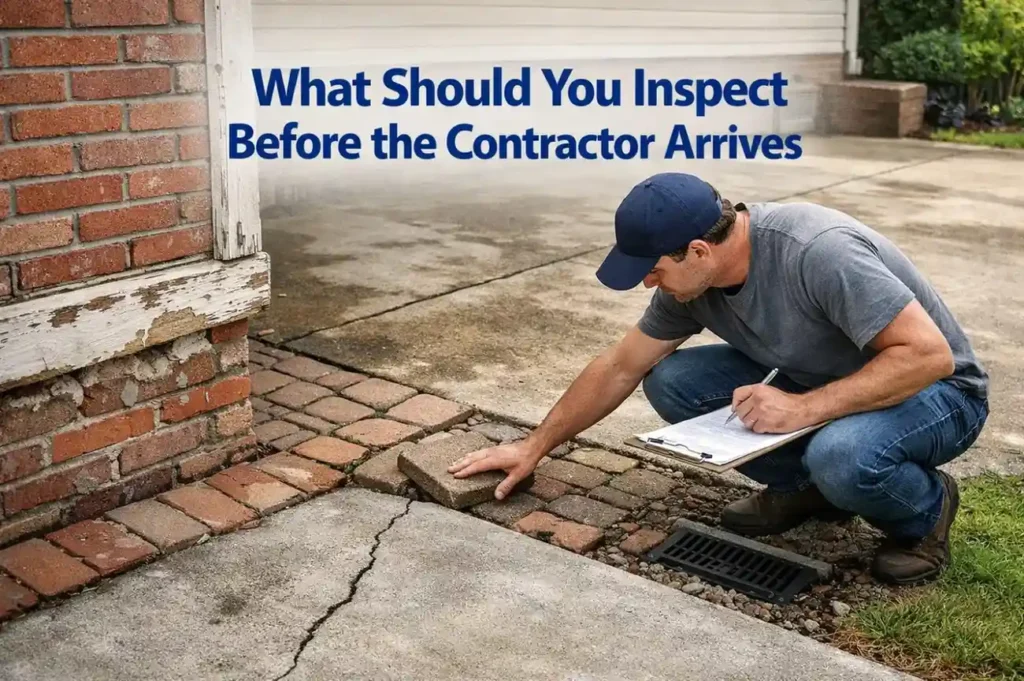 Exterior property inspection showing cracks, stains, weak surfaces, unstable paving, and drainage direction checked before pressure cleaning