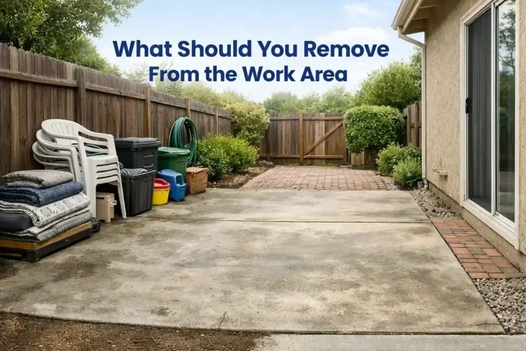 Patio and driveway cleared of furniture, bins, toys, hoses, rugs, and other loose outdoor items before pressure cleaning