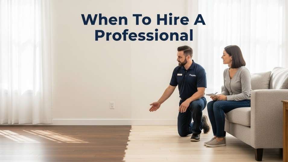 Professional floor buffing expert advising a homeowner.