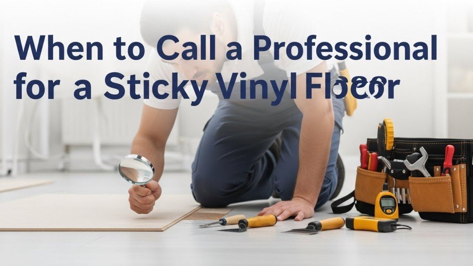 Flooring professional inspecting sticky vinyl flooring.