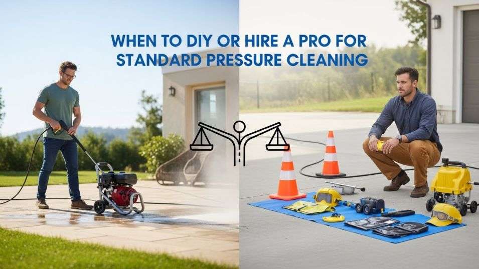 Side-by-side comparison of DIY patio cleaning versus professional setup for larger or riskier jobs.