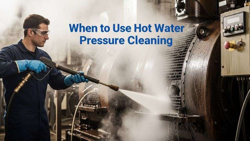 Hot water pressure cleaning removing grease from machinery.
