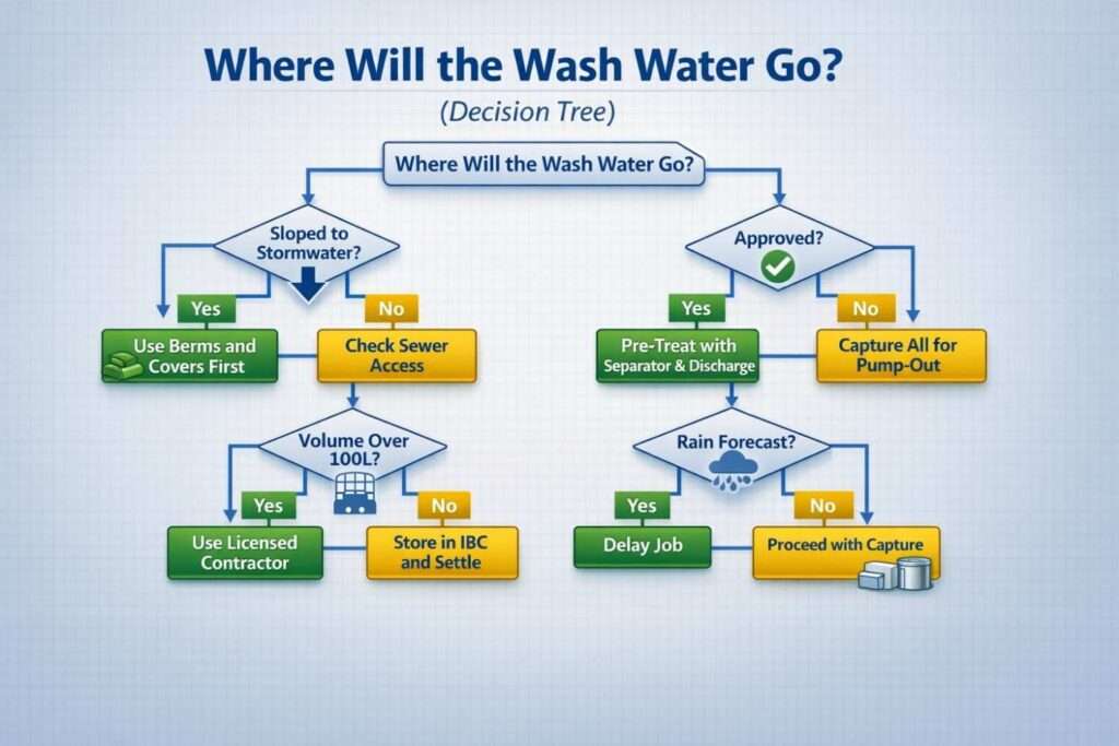 Thumbnail of a decision tree for wash water disposal planning, featuring branching paths for site conditions and actions.