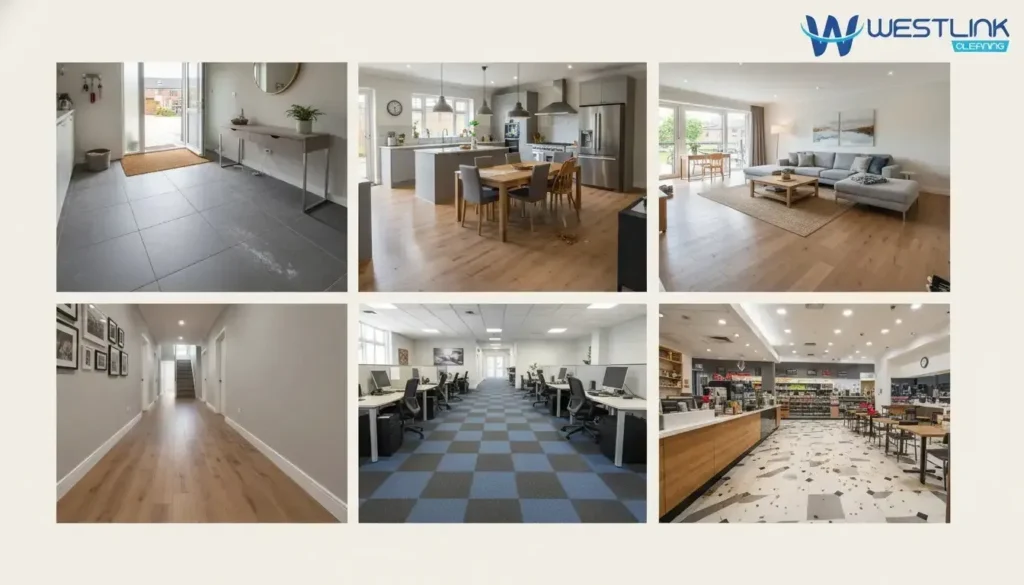 Entryway, hallway, kitchen, living room, office corridor, and retail space shown with suitable flooring choices.
