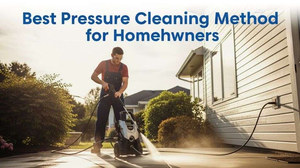 Homeowner using a pressure washer on outdoor surfaces.