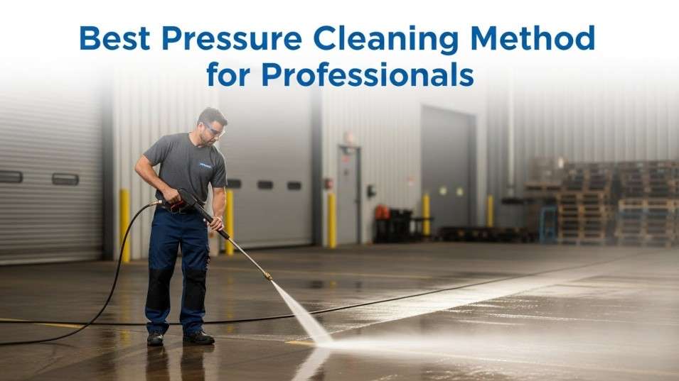 Professional contractor using commercial pressure cleaning equipment.