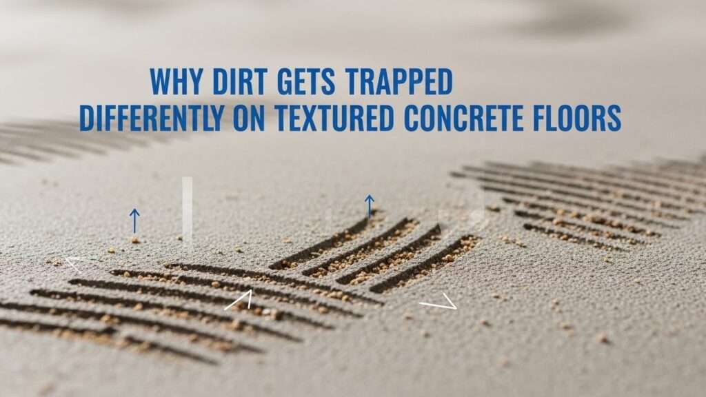 Close-up of textured concrete showing dirt trapped in grooves and ridges.