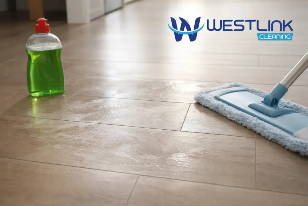 Laminate floor with cloudy residue and streaks beside a microfiber mop and small dish soap bottle