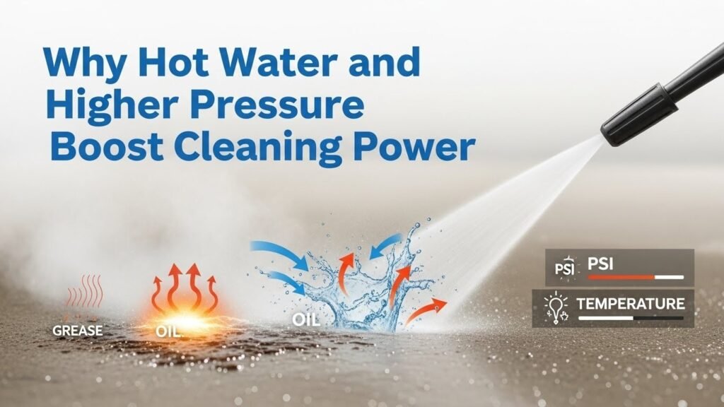 Hot water and high-pressure power washing cleaning a surface