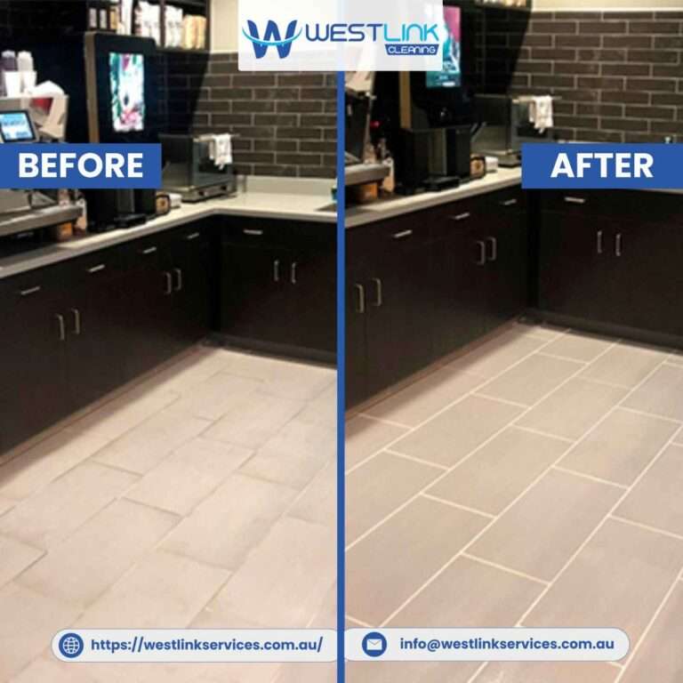 Split image of a commercial counter area floor before cleaning and after cleaning with tiles looking cleaner and more defined.