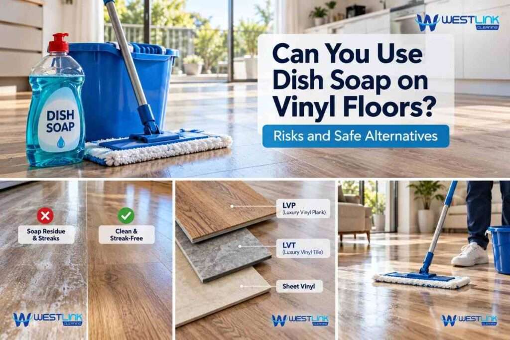 Dish soap bottle and microfiber mop on vinyl flooring illustrating cleaning risks and safer alternatives.