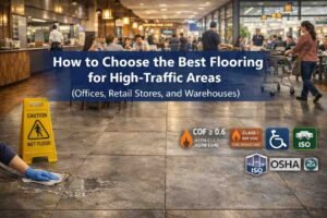 A vibrant restaurant and mall scene showcasing ceramic and porcelain tile flooring in high-traffic areas, illustrating durability, slip resistance with COF 0.6-0.8+, low water absorption, and compliance with standards like ASTM C1028 and ADA, while subtly representing broader commercial flooring options such as LVT and epoxy for offices, retail, and warehouses.