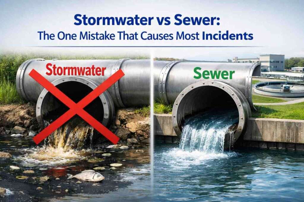 Thumbnail contrasting stormwater and sewer systems to highlight common disposal errors in cleaning.