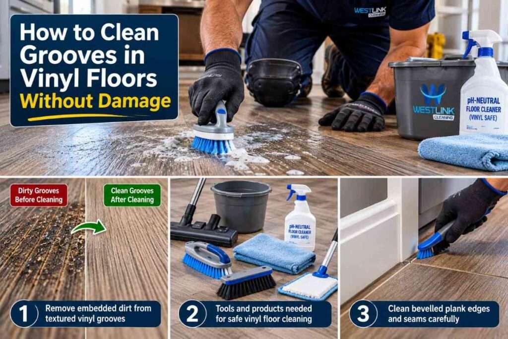 Professional male cleaner removing embedded dirt from textured vinyl floor grooves using a soft-bristle brush and pH-neutral vinyl floor cleaner.