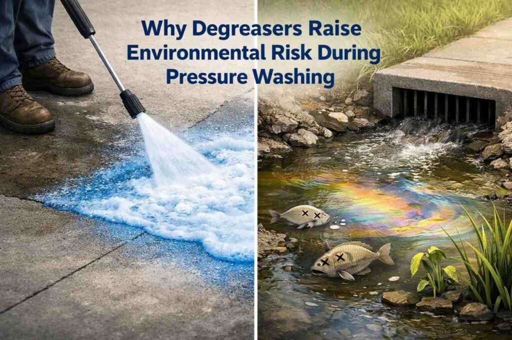 Thumbnail showing the environmental risks of degreasers in pressure washing, with a before-risk split view.