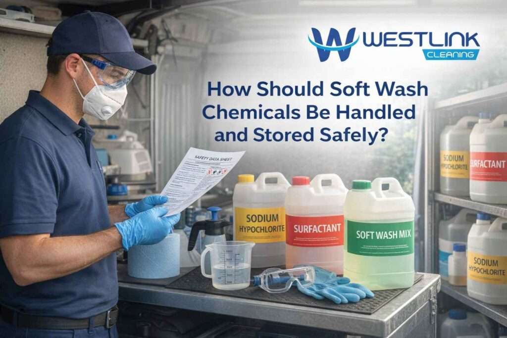 Technician in PPE reviewing an SDS and handling labeled soft wash chemicals at a safe preparation and storage area.