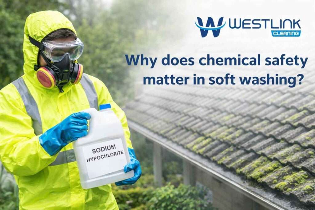 Professional soft wash operator in PPE handling chemicals safely during low-pressure application on a contaminated roof.