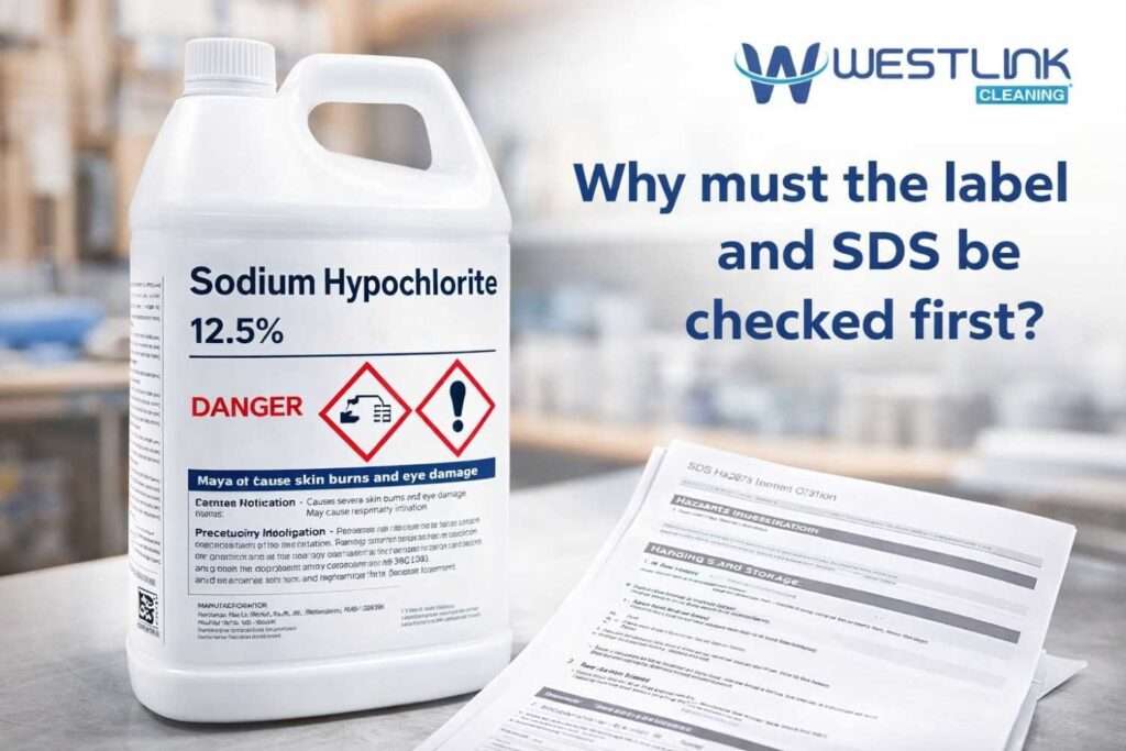 Close-up of labeled sodium hypochlorite container with full GHS hazard warnings and an accompanying Safety Data Sheet (SDS) document.