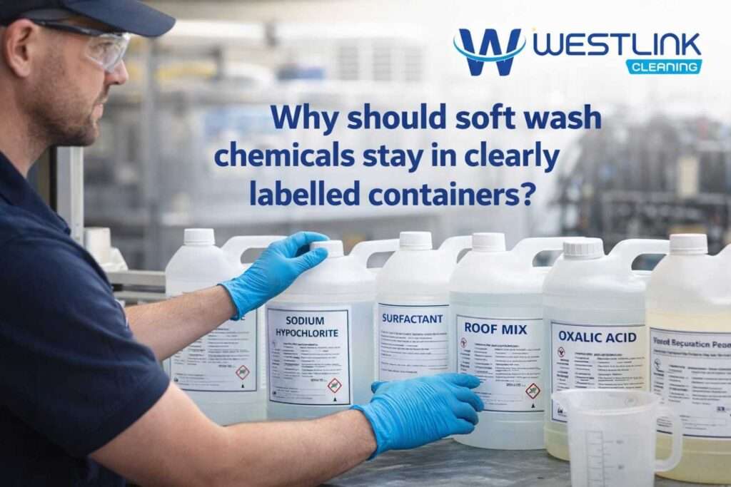 Clearly labelled soft wash chemical containers stored upright while a technician in PPE checks one before use.