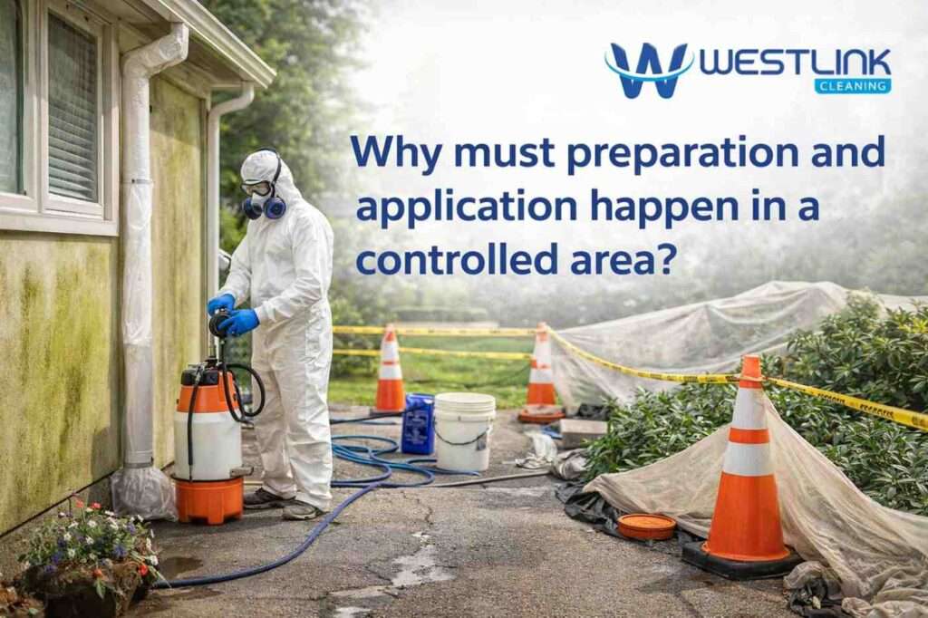 Soft wash technician setting up a controlled jobsite with barriers, protected plants, bagged downspouts, and pre-wetted landscaping for safe chemical application.