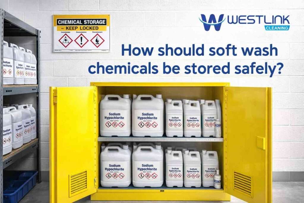 Hyper-realistic photo of a ventilated, locked yellow safety cabinet storing sealed, clearly labeled sodium hypochlorite jugs in a cool, organized workshop for safe soft wash chemical storage.