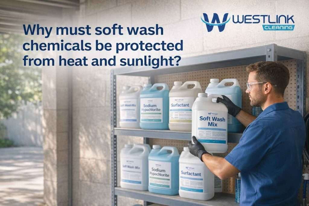 Soft wash chemical containers stored in a cool shaded area away from direct sunlight and heat exposure.
