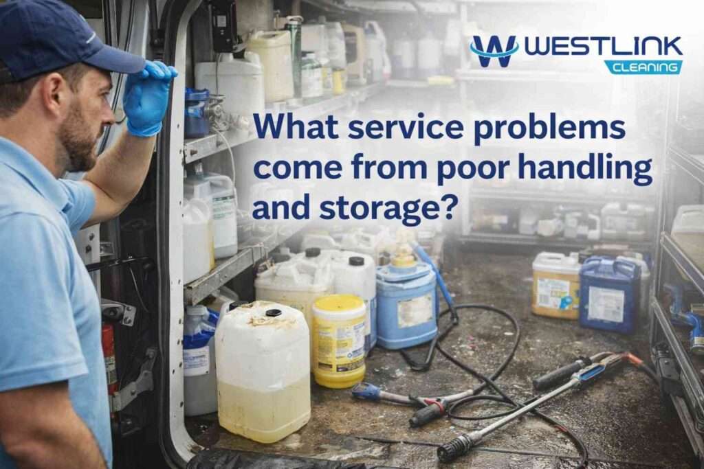 Disorganized soft wash chemical storage and preparation area showing poor labeling, loose setup, and preventable service risks.