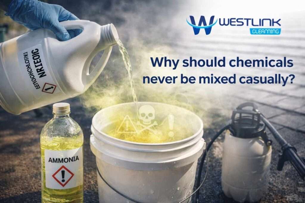 Illustration of hazardous gas release from casually mixing sodium hypochlorite bleach with ammonia cleaner in a soft wash bucket, showing toxic vapor danger.