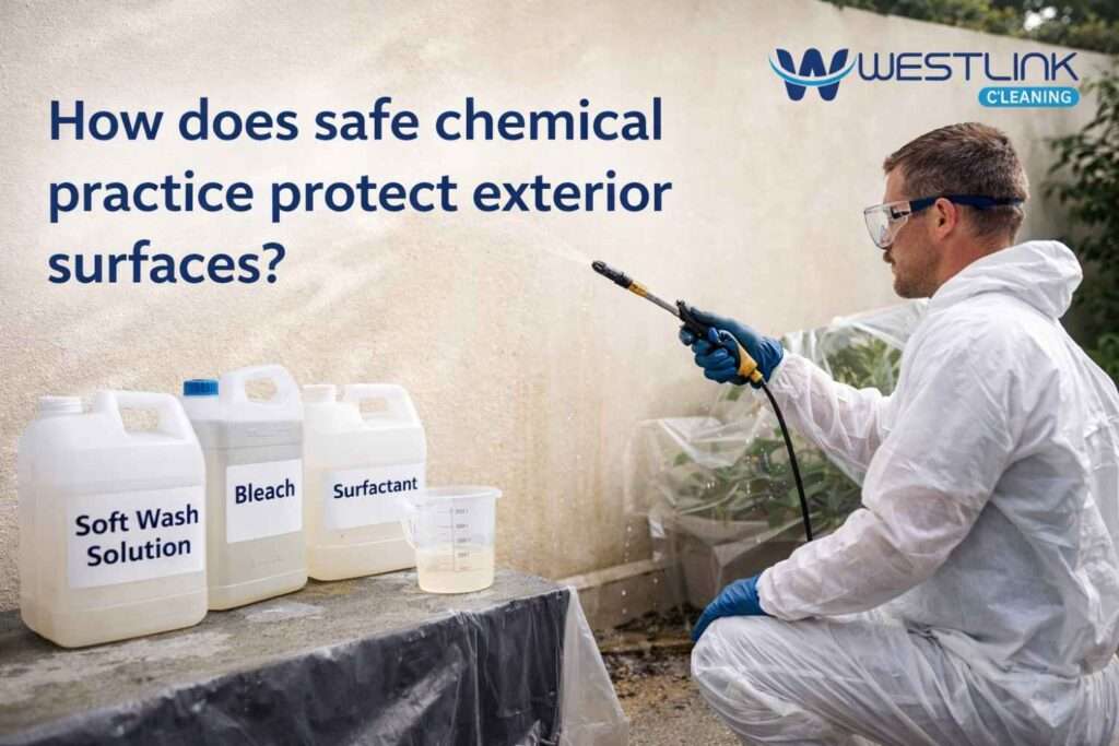 Soft wash technician carefully applying chemicals to a painted exterior surface while protecting nearby plants and non-target areas.