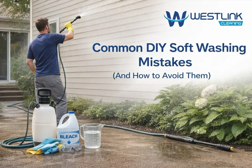 Homeowner making common DIY soft washing mistakes while cleaning house siding with a pump sprayer and bleach solution