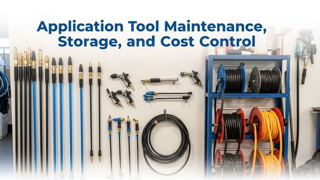 Organized workshop storage of soft wash tools including telescopic poles, applicator wands, chemical-resistant hoses on reels, and nozzles,