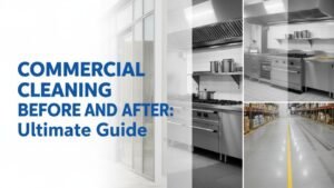 Commercial Cleaning Before and After Ultimate Guide thumbnail with blue title text and a collage showing glass panels, a commercial kitchen, and a cleaned warehouse floor.