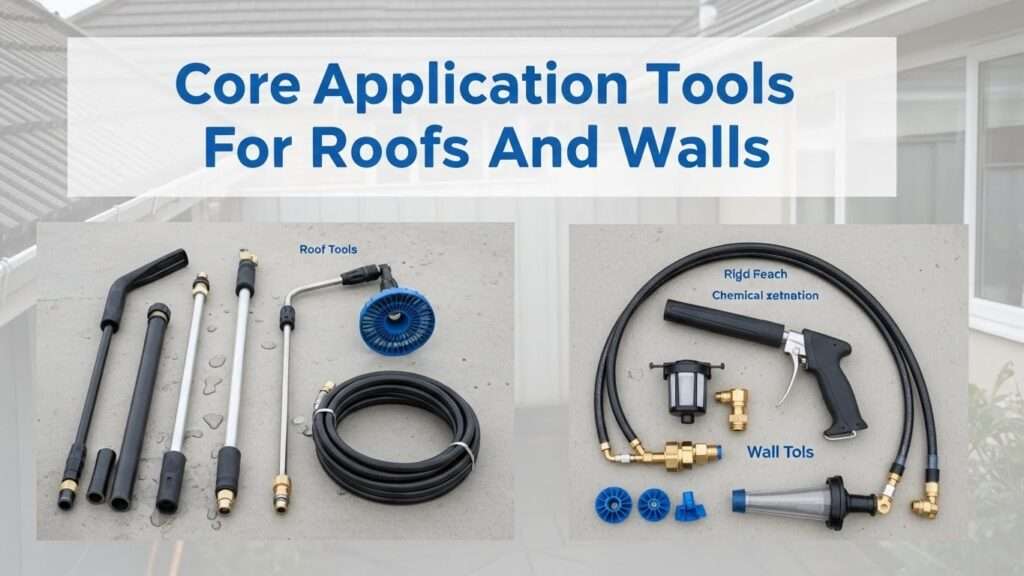 Core soft wash application tools laid out on a driveway, including telescopic pole sections, applicator wand, extension lance, hose, quick connects, filter, and fan tips.