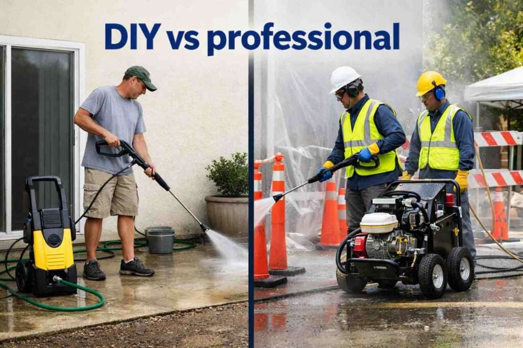 Side-by-side comparison of DIY and professional power washing safety.