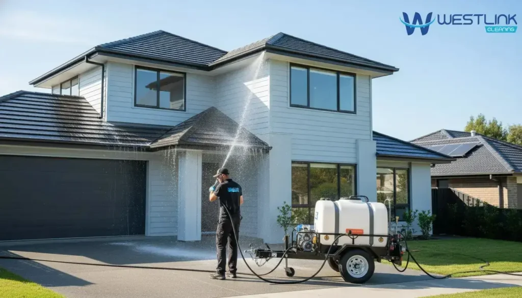Professional technician soft washing a house roof and painted exterior with low pressure