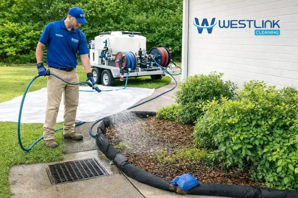 Soft wash technician protecting plants and managing runoff near a storm drain before starting exterior cleaning.