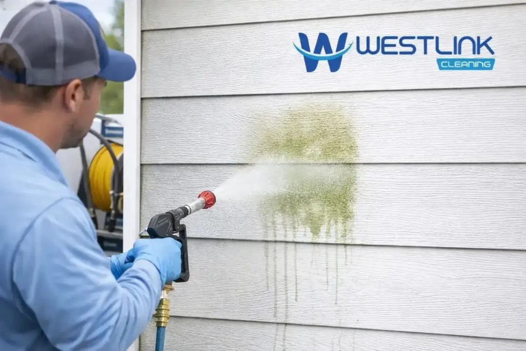 Soft wash technician applying a test patch to an exterior wall to check spray pattern, calibration, and surface response before full cleaning.