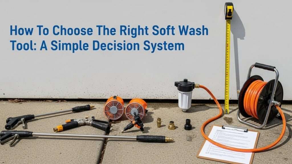 Technician preparing soft wash tools on a driveway with wand, extension lance, fan tips, hose, and checklist for choosing the right setup.