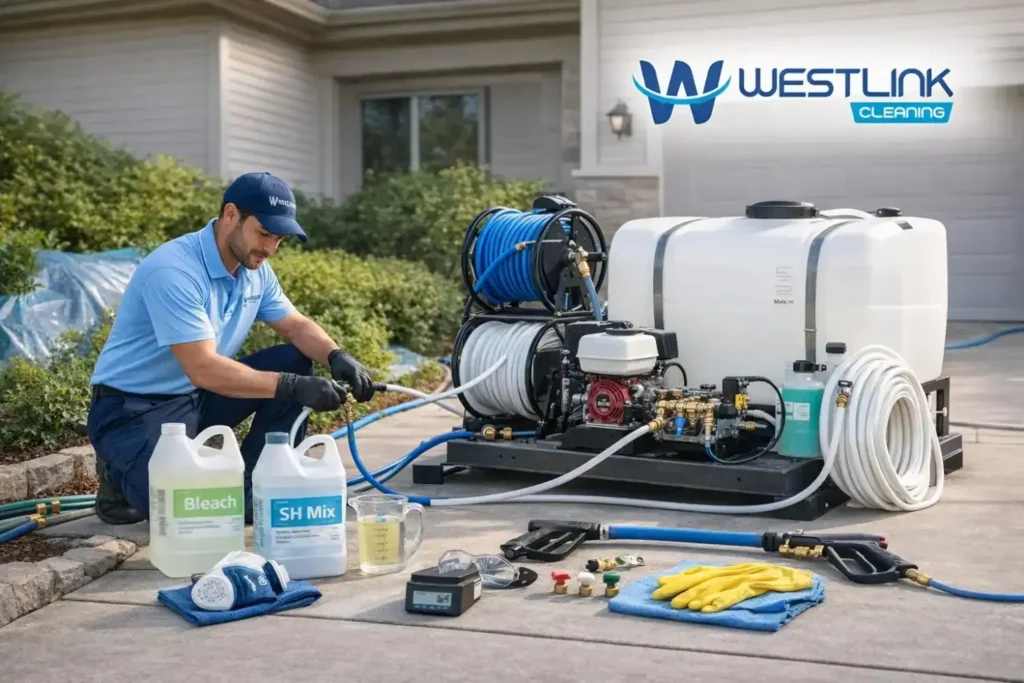Professional technician setting up a soft wash system on site with tank, pump, hoses, spray tools, safety gear, and site protection.