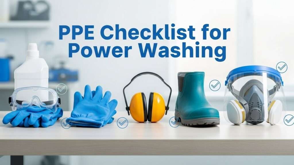 Professional blog thumbnail displaying a PPE checklist layout with essential power washing safety gear items arranged neatly.
