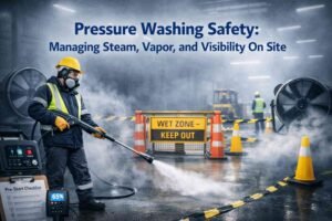 Professional pressure washing operator in an industrial warehouse managing steam and visibility hazards with PPE, directional fans, safety barriers, and clear airflow for safe on-site work.