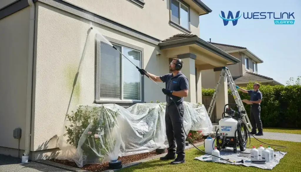 Professional technician carrying out a structured soft washing process on a house exterior