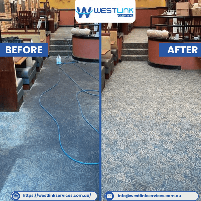 Before and after restaurant carpet cleaning, heavy traffic shading and dull carpet before, brighter pattern and more even finish after, Westlink Cleaning.