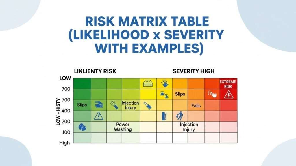 Professional blog thumbnail featuring a color-coded risk matrix table for power washing hazards, assessing likelihood versus severity with examples.