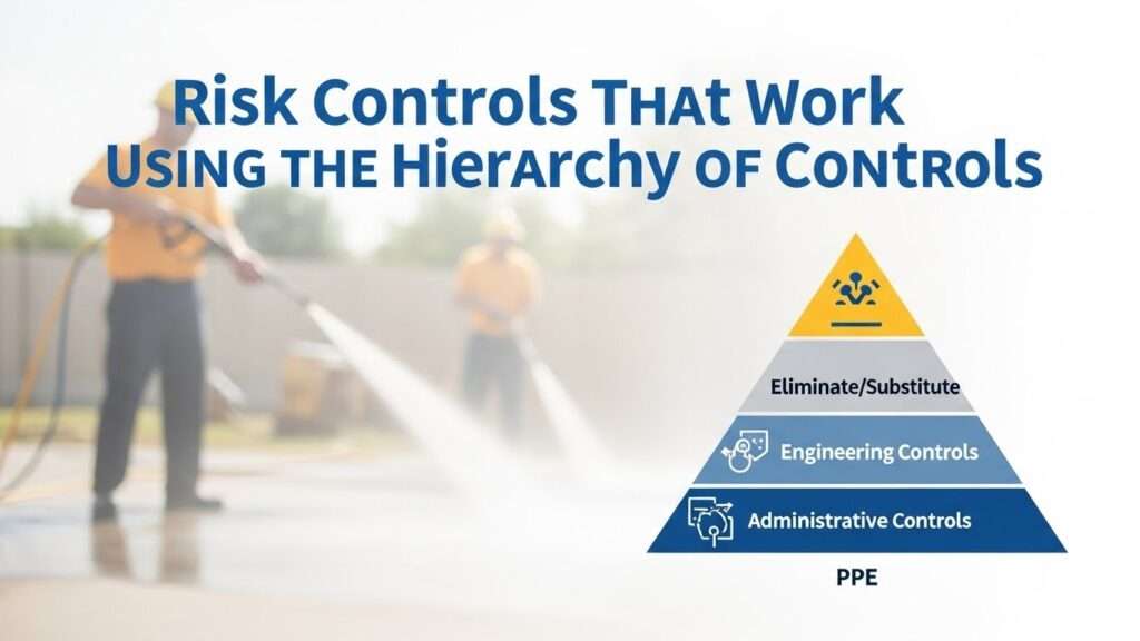 Hierarchy of controls pyramid infographic for power washing safety, showing elimination, engineering, administrative controls, and PPE.