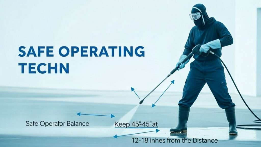 Professional blog thumbnail showing a worker demonstrating safe power washing operating technique with proper stance, grip, and spray angle.